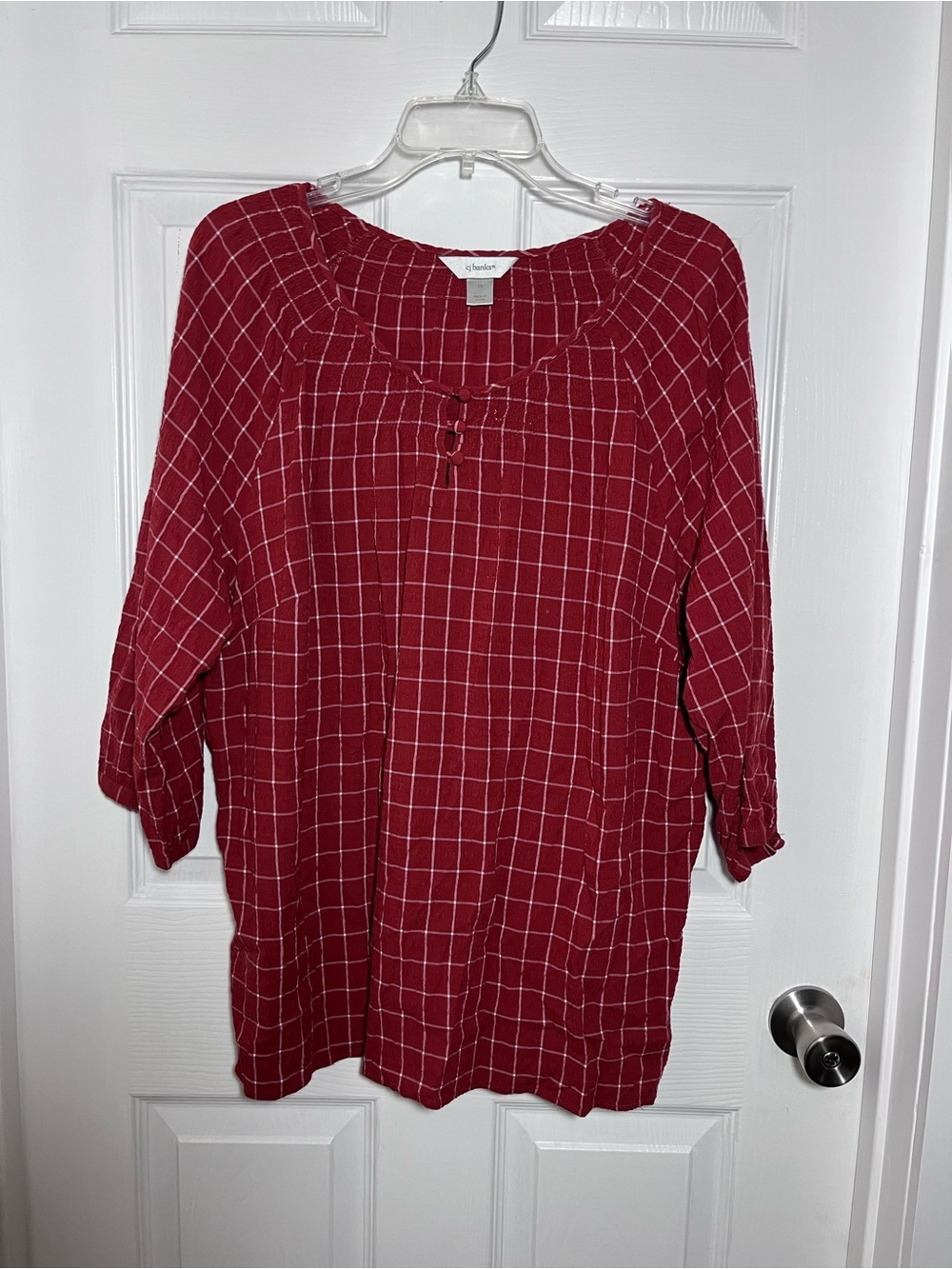 CJ Banks Rust Windowpane Check Scoop Neck Blouse